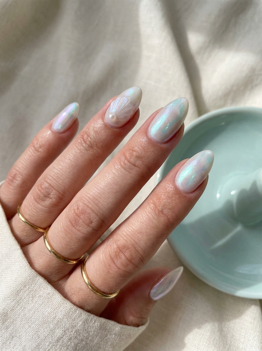 Mermaid Opal Nails mit soften Ozeanfarben und schimmerndem Finish